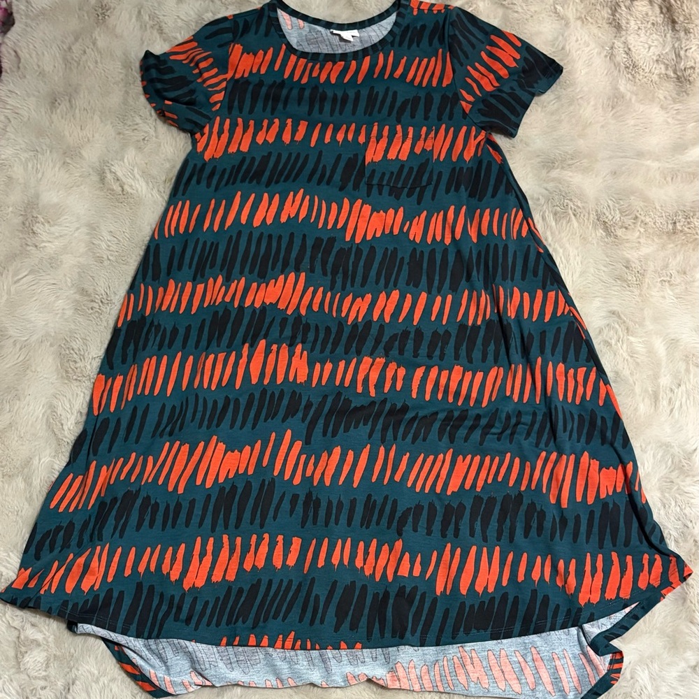 LuLaRoe Teal Dress with Orange and Black Brushstroke Print
